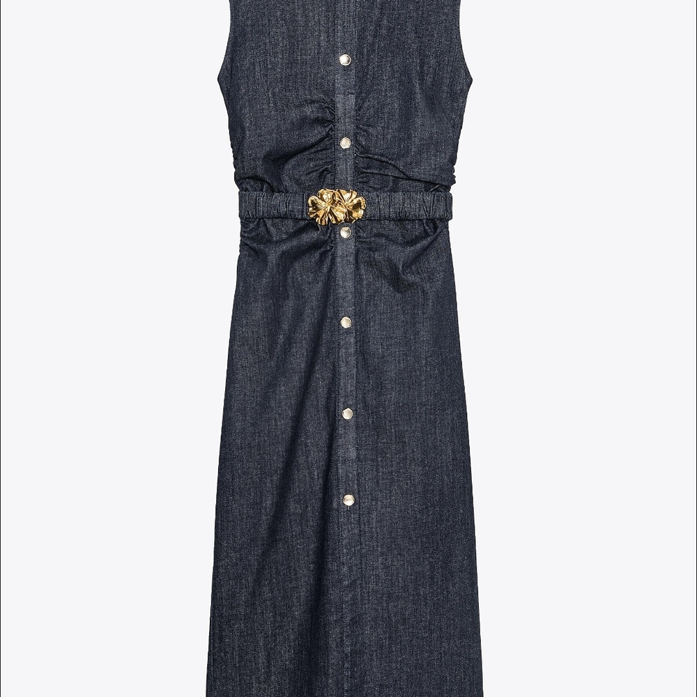 Zara Dark Blue Denim Midi Dress with Gold Accents - Picture 2 of 16